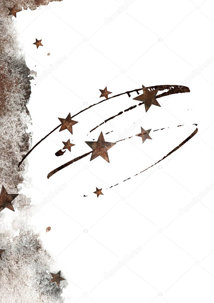Vintage template for greeting card with flying stars and watercolor rusty spots.