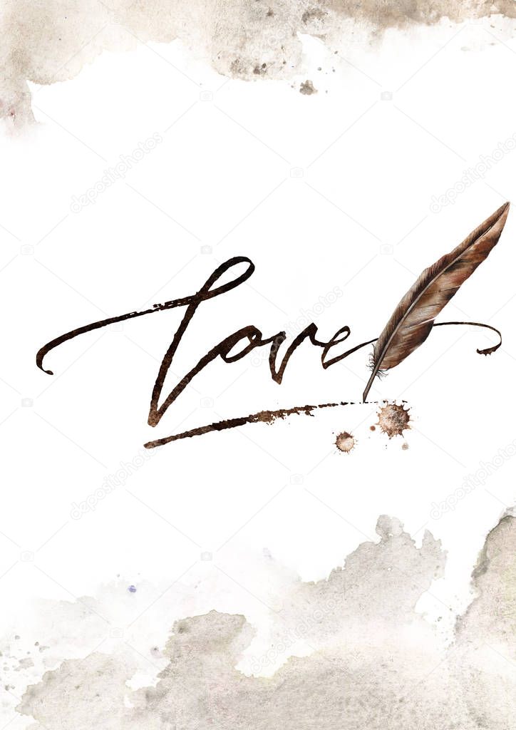 Vintage template for a card or poster for Valentines Day. Rust spots, dynamic lettering phrase and antique feather.