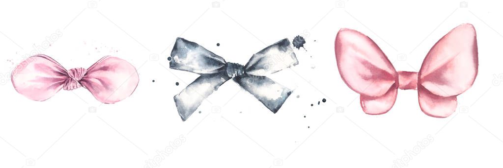 Set of watercolor illustrations of cute textile bow headband for little girl. Create logo designs or prints for girls. Vintage collection.