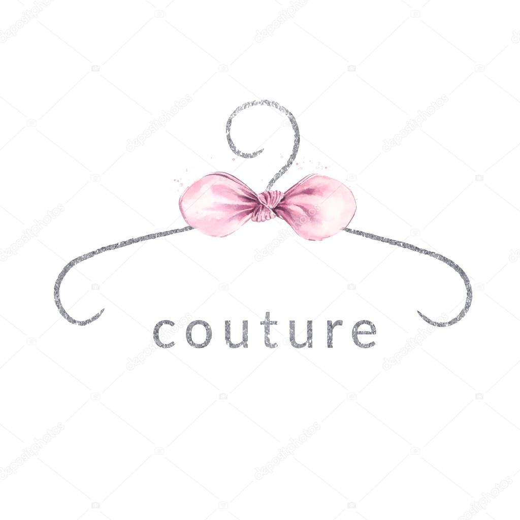 Minimalism watercolor pink bow and silver coat hanger. Create a logo for an atelier of cute dresses. Vintage.
