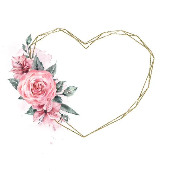 Gouden glitter geometrie frame hart versierd met een boeket samenstelling van roze rozen en alstroemeria bloemen. — Stockfoto
