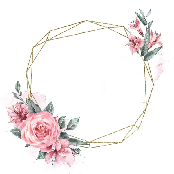 Ronde gouden geometrie frame boeket pioenen rozen — Stockfoto