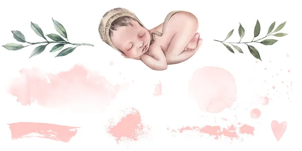 The newborn is sleeping, plant branches, frames, stains and brush strokes for the blog, social networks and printing. — Stock Photo, Image