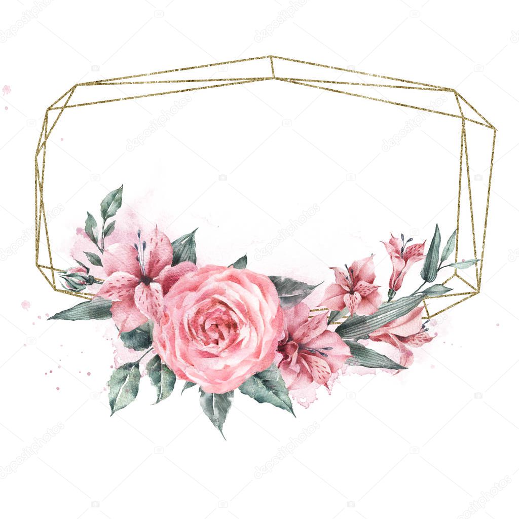 Frame vintage gold geometry rectangle decorated bouquet composition pink roses and alstroemeria flowers.