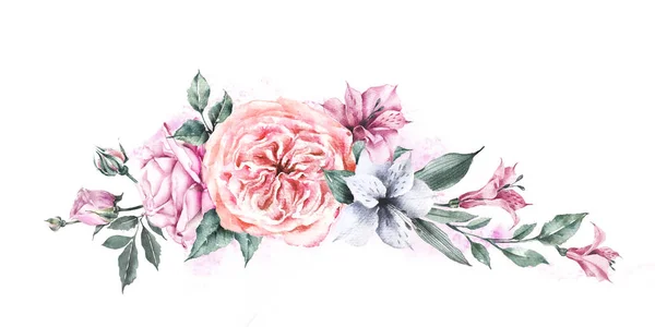 Floral σύνθεση από τριαντάφυλλα και λουλούδια αλστρομέρια σε παστέλ χρώματα. Vintage διακόσμηση γάμου. — Φωτογραφία Αρχείου