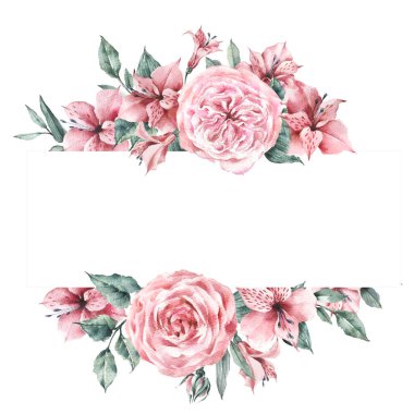 Çiçek bayrağı. Şakayıklar, güller, alstromerya çiçekleri ve yeşil dallar.