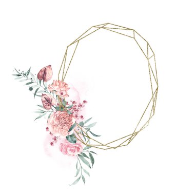 Gold glitter geometry frame with floral arrangement. Watercolor illustration of tropical flowers.