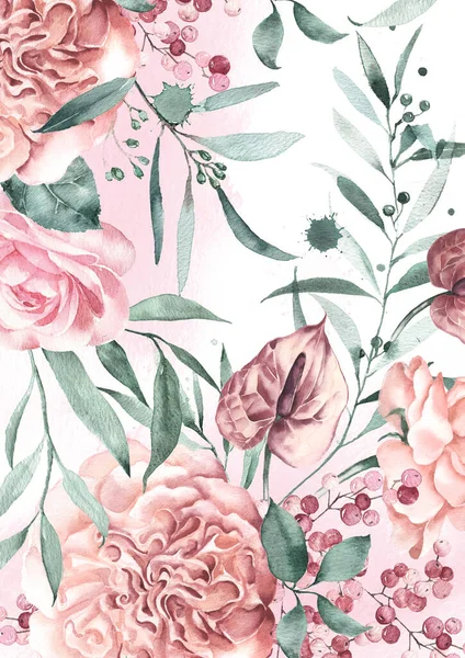 Watercolor flowers background garden English roses, anthurium and eucalyptus. — 스톡 사진