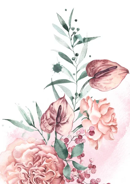 Aquarelle fond floral Anthurium, eucalyptus, roses Benjamin. Invitation de mariage . — Photo