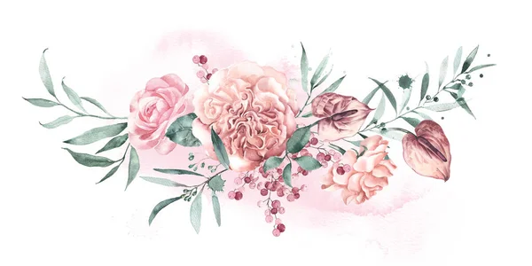 Акварельная цветочная композиция тропических цветов антуриум и садовые розы нежных оттенков персика . — стоковое фото