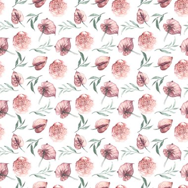 Seamless pattern tropical flowers anthurium and leaves. Jungle design textile, wallpaper.