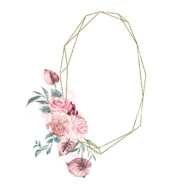 Gold oval geometry frame, floral arrangement garden flowers roses and peonies.