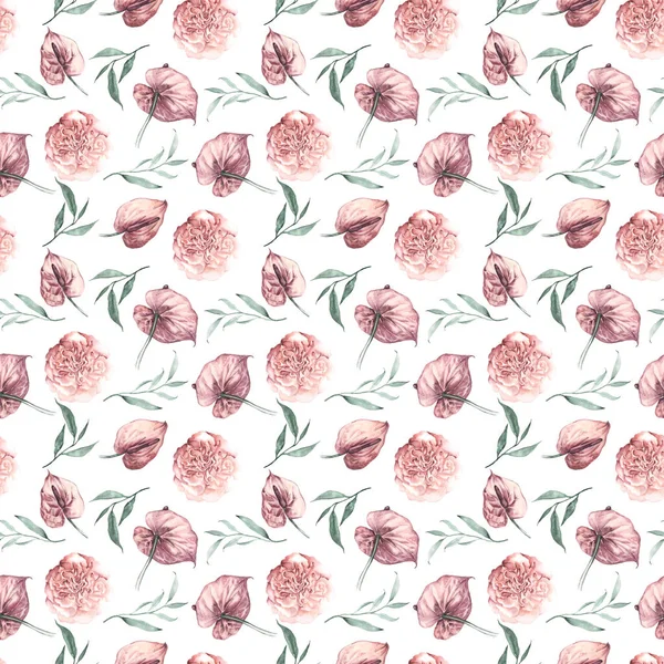 Seamless pattern tropical flowers anthurium and leaves. Jungle design textile, wallpaper. — 스톡 사진