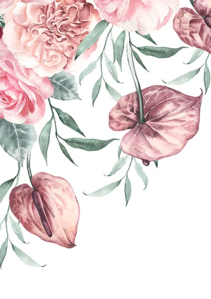 Fundo floral Anthurium, eucalipto, rosas Benjamin. Convite de casamento — Fotografia de Stock