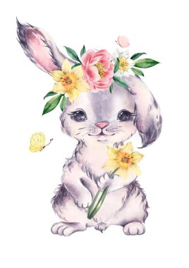 Watercolor bunny with a wreath of spring flowers. Easter card.