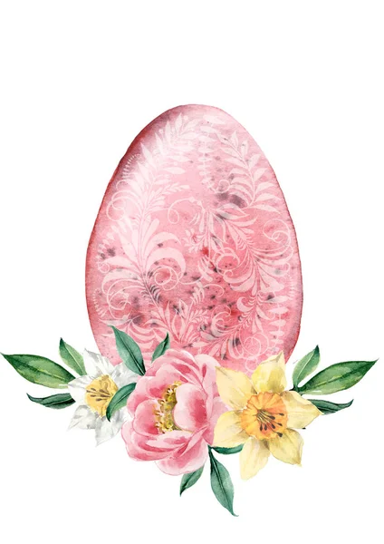 Easter colored egg with folk patterns in a spring bouquet. Watercolor illustration. Vintage card. — Stockfoto