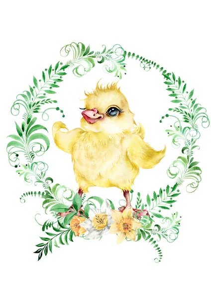 Watercolor illustration of a wreath of grass in the style of Khokhloma painted, inside a cute character chicken. — Stok fotoğraf