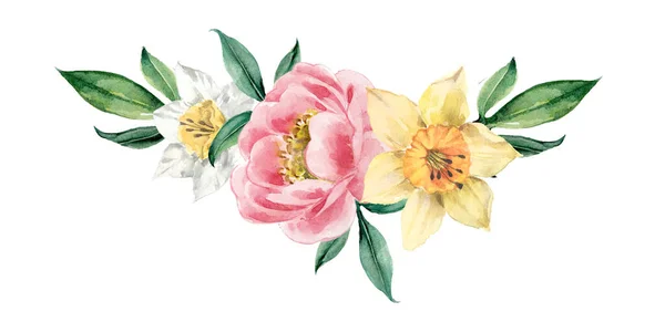 Spring bouquet peony and daffodils, watercolor illustration. Cute card, invitation, poster. — Stockfoto