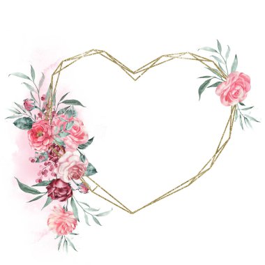 Gold polygonal heart frame, bright bouquet, watercolor composition.