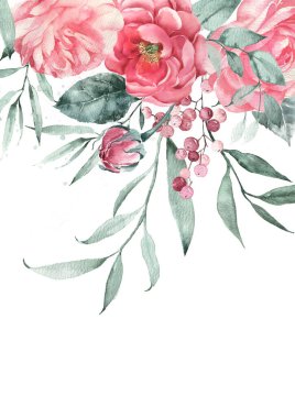 Wedding card watercolor peonies and roses. Background for feminine poster, invitation or greeting card.