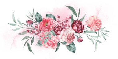 Watercolor illustration of a bouquet of garden flowers. Wedding invitation.