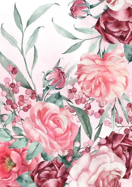 Background summer garden, delicate flowers and leaves of peonies and roses. Watercolor illustration. — ストック写真