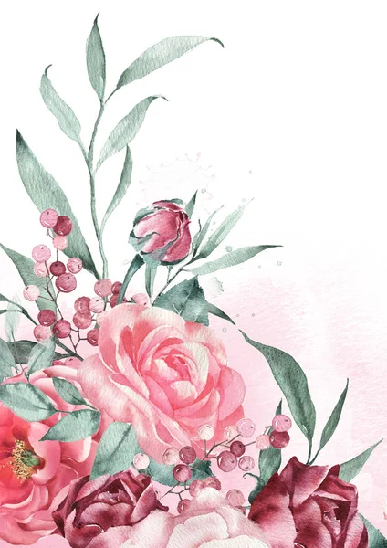 Wedding invitation bright flowers watercolor illustration. Delicate floral background. — ストック写真