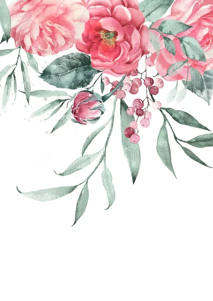 Wedding card watercolor peonies and roses. Background for feminine poster, invitation or greeting card. — Stock fotografie