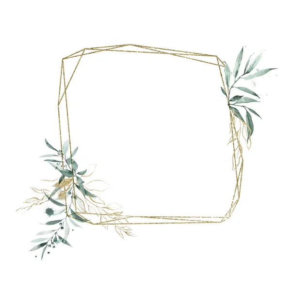 Cornice invito matrimonio geometria dorata con rami di eucalipto — Foto Stock