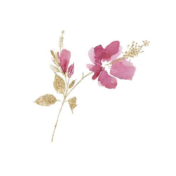 Художня ілюстрація квітки гібіска з золотим листям. Логотип водяного кольору. Постер китайського живопису. — стокове фото