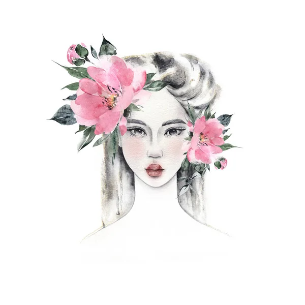 동양의 아름다운 소녀와 분홍색 꽃들. 수채 색 삽화 — 스톡 사진