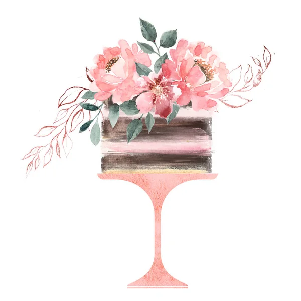 Logo torta acquerello decorato con fiori e foglie — Foto Stock