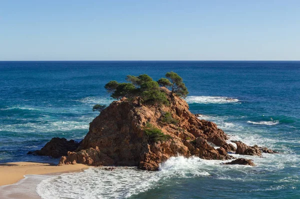 Meditarranean island with several pine tres growing on top of it while the rough sea hits the island and creates stunning waves and white foam — Stock Photo, Image