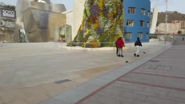Bilbao Španělsko 2020 Štěně Květinová Socha Bilbaa Stabilizovaný Pantingový Snímek — Stock video