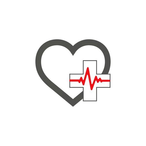Wektorowa ikona opieki zdrowotnej, krzyż, serce i puls, symbol medyczny. Ilustracja wektora na białym tle. — Wektor stockowy