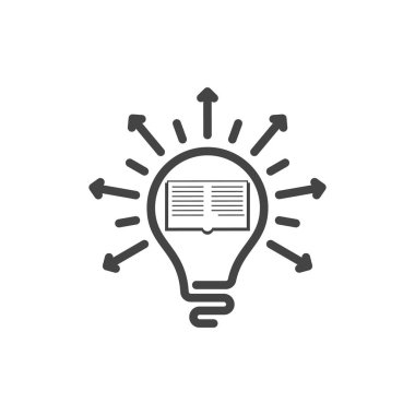 Ampul çizgisi simgesi vektörü içinde kitap olan, beyaz arkaplanda izole edilmiş. Fikir okuma işareti, çözüm, düşünme konsepti. Oklarla aydınlatılmış elektrik lambası. Elektrik, parlıyor..