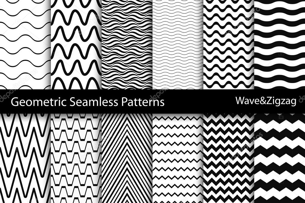 Collection of geometric seamless patterns. Wave, zigzag texture.