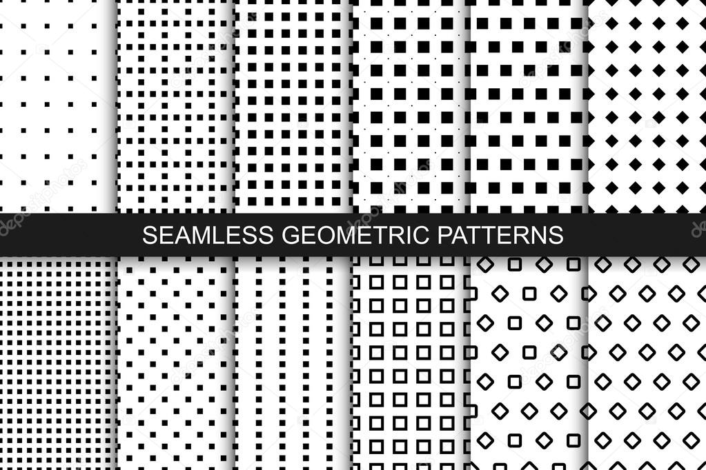 Collection of geometric seamless patterns with squares.