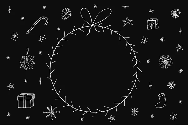 Cadre de Noël dessiné à la main sur fond sombre . — Image vectorielle