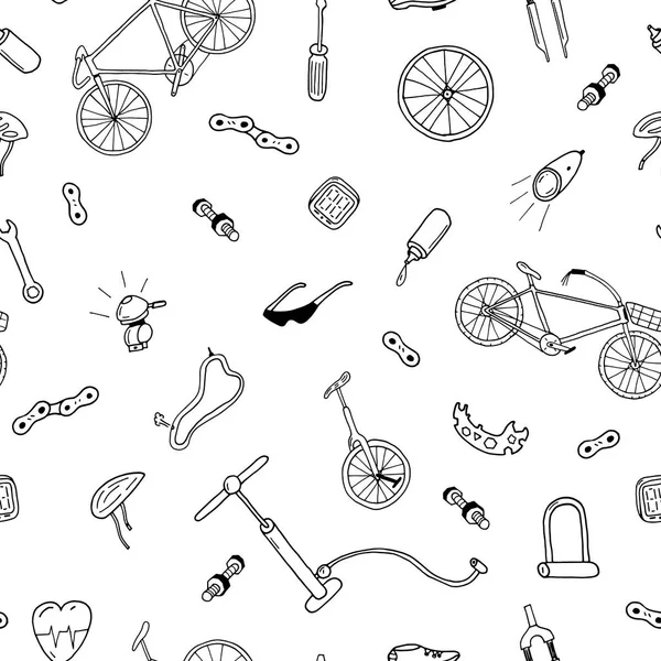 Vector naadloze patroon in doodle stijl. Fietsaccessoires. — Stockvector