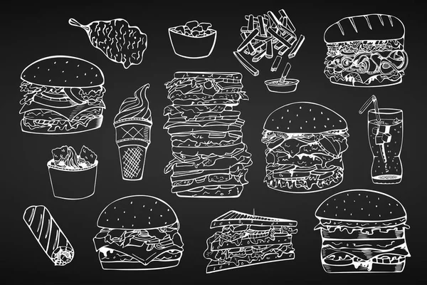 Conjunto de vetores de fast food.Hand desenhado — Vetor de Stock