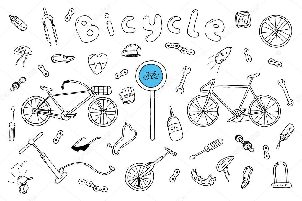 Bicycle collection in doodle style.Vector illustration.