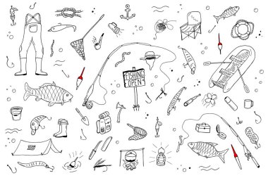 Elle çizilmiş Balık tutma küme. Balık tutma şeyler doodle tarzı.