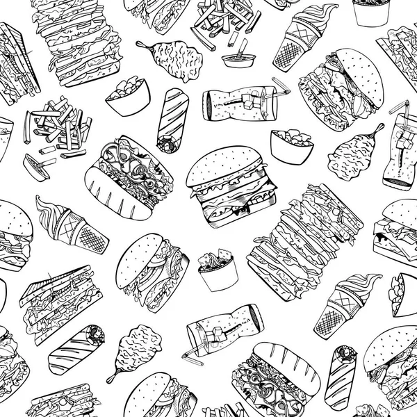 Fast food seamless pattern in doodle style. — Stock Vector