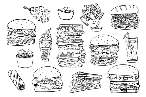 Conjunto de vetores de fast food.Hand desenhado — Vetor de Stock