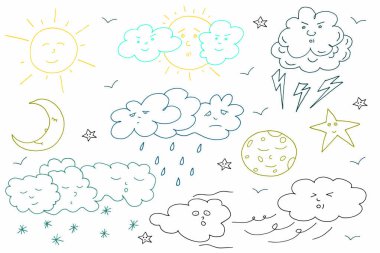 Doodle hava seti. Elle çizilmiş öğeleri koleksiyonu.