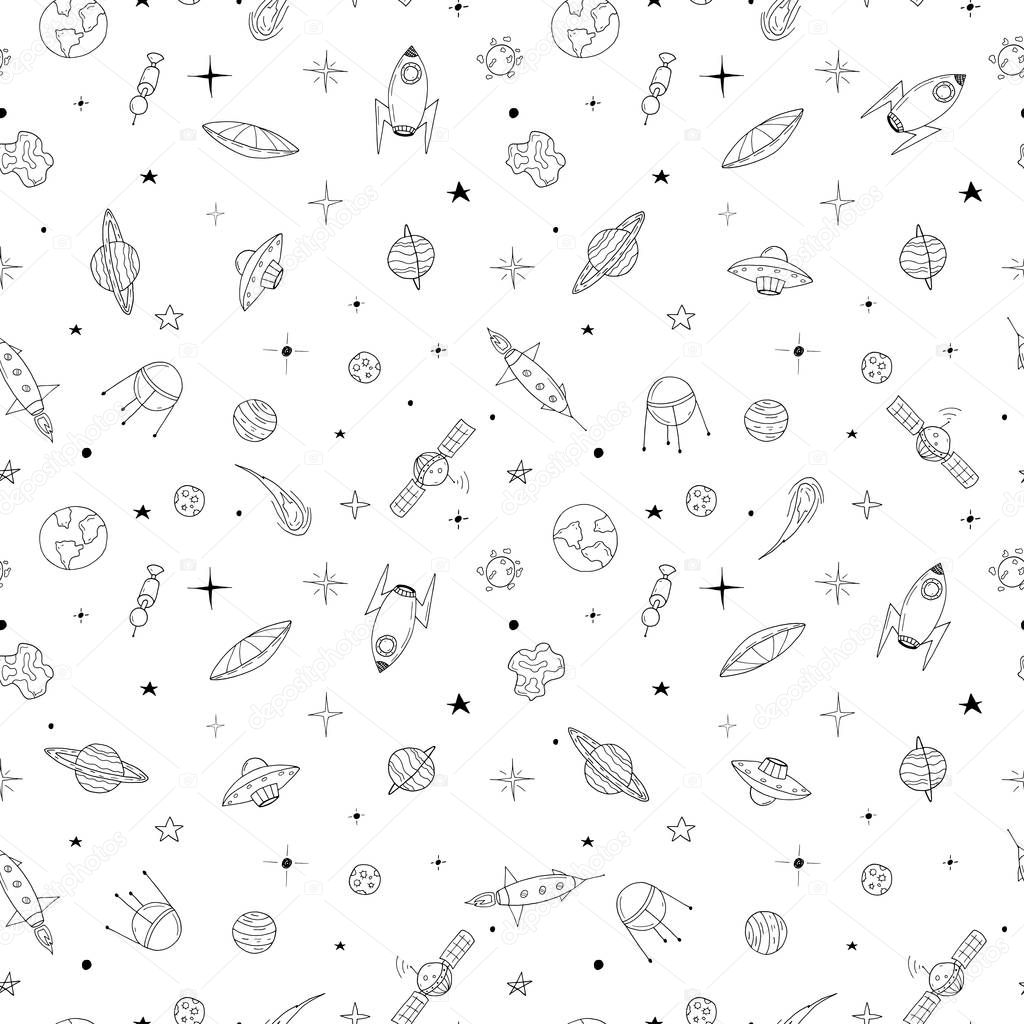 Space seamless pattern in doodle style.