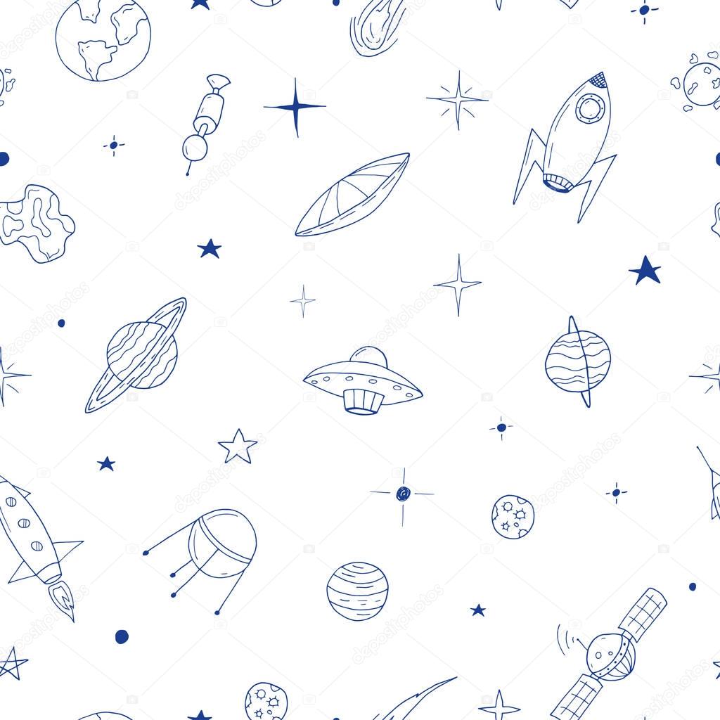 Seamless space pattern in doodle style.