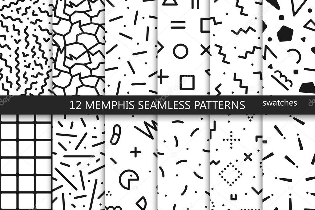 Collection of swatches memphis patterns - seamless. Fashion 80-90s.