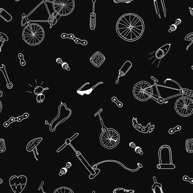 Vektör seamless modeli doodle tarzı. Bisiklet aksesuarları.